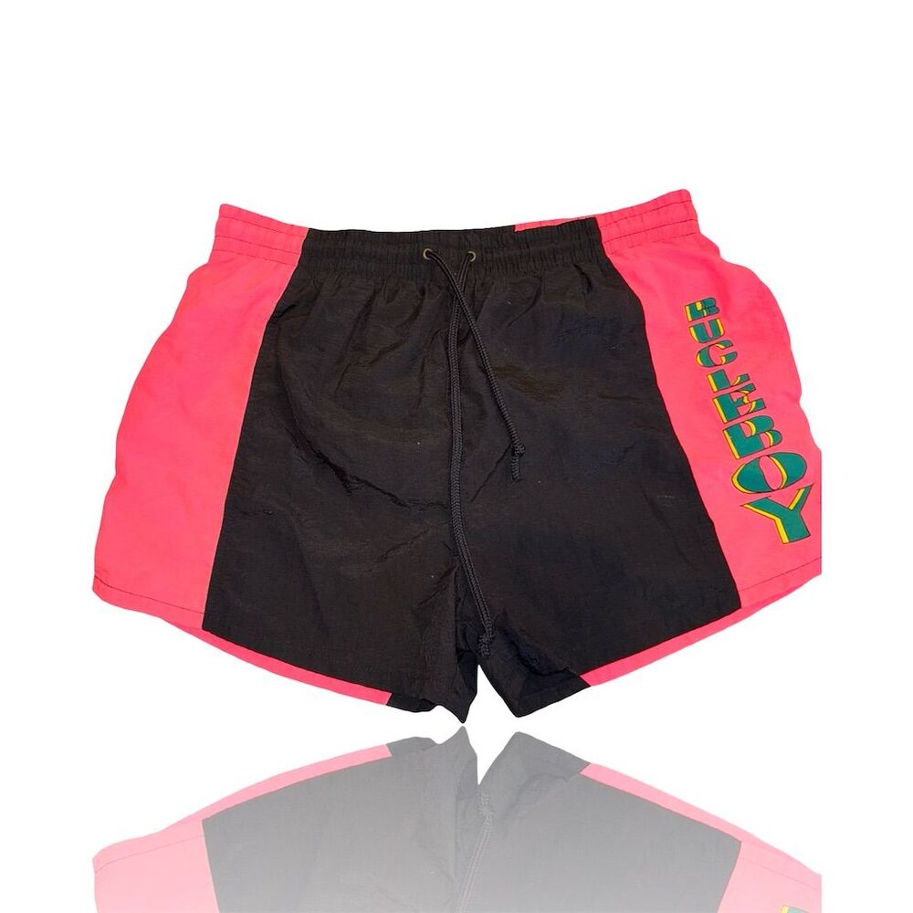 Vintage Bugle Boy Men's Neon Pink/Black Swim Shorts Size S Retro 80s 90s